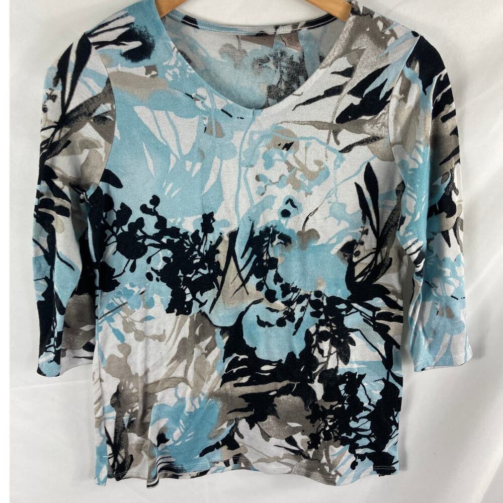 Easywear by Chicos Blue Black Patterned Knit Top Size 0 / Medium